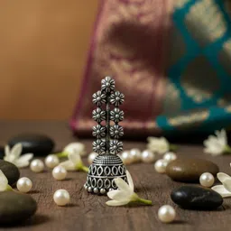 anilstore Oxidized Silver Jhumka Earrings - Traditional Floral Drop Design, Earring Set Silver Earring Set image 3