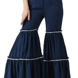 popwings Women Flared Dark Blue Crepe Trousers-picture-43