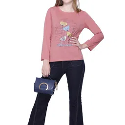 star touch Women Printed Round Neck Cotton Blend Red T-Shirt image 2