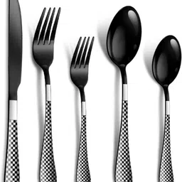 motka Matte Black Silverware Set | 5-Pcs Flatware With Unique Checks Print Handle Stainless Steel Cutlery Set-picture-10