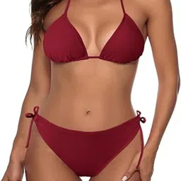 swibona Self Design Women Bikini Maroon Swimsuit image 2
