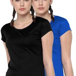 dsws Pack of 2 Women Sporty, Solid Round Neck Polyester Blue, Black T-Shirt-picture-24
