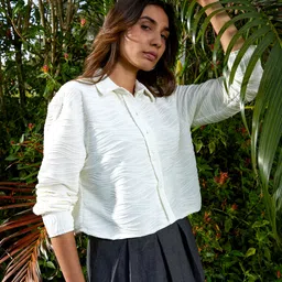 Women Regular Fit Self Design Spread Collar Casual Shirt-image-20