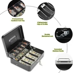 clvmart Metal Cash Box with Number Combination Lock (Black) Cash Box image 2