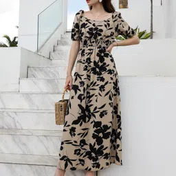 sugathari Women A-line Beige Maxi/Full Length Dress image 3