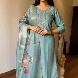 aeba fashion Women Cotton Blend Kurta Pant Dupatta Set Embroidered Kurta, Trouser/Pant & Dupatta Set image 1