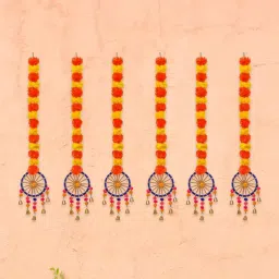ecraftindia Orange & Yellow Plastic Artificial Marigold Flowers Hangings with Bangles Ringing Bells (Set of 6) image 1