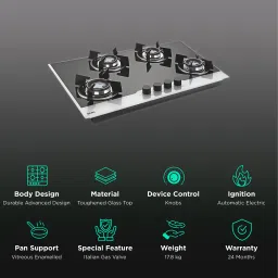 Glen 1074 HT BW Toughened Glass Top 4 Burner Automatic Electric Hob (Battery Operated, Black/White) image 3