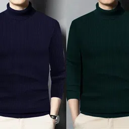 gulika Men Solid High Neck Dark Blue, Dark Green Sweater-picture-47