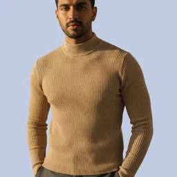 peak mount Men Solid High Neck Brown Sweater-picture-29