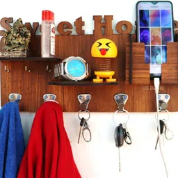 us dzire ™ 823 Mobile Charging Holder with Shelf, Key, Cloth Hanger, Multi-use for Sunglasses Watch Wallet Showpiece Stand, Wooden Handcrafted Home or Decorative Shelves. Wood Key Holder image 1