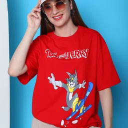 dreambe Women Cartoon Round Neck Pure Cotton Red T-Shirt-picture-15
