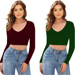 dream beauty fashion Pack of 2 Casual Regular Sleeves Solid Women Green, Maroon Top-picture-32