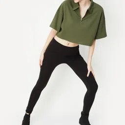 max Women Printed Polo Neck Cotton Blend Green T-Shirt image 3