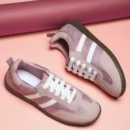 zatox Women’s Blush Pink Suede Sneakers with White Stripes | Casual Everyday Shoes Sneakers For Women image 1