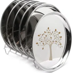 aadiveer Stainless Steel Round Plates/Laser Design Thali Set/Lunch Plate Dia 21 cm Dinner Plate-picture-11