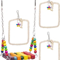 greenbirds TOYS Combo Of Colorful Wooden Swing & Playful 3 Rectangular Ring Hangings Parrot Toys Cage Accessories Resting Toy Pet Perch Bird Toy For Cockatiel, Lovebird, Finches & All Birds & Parrots Wooden Chew Toy, Training Aid, Perch For Bird-picture-17