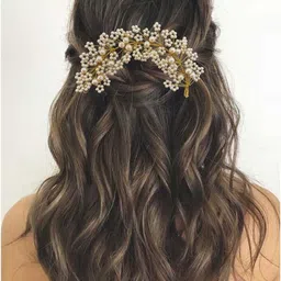 be trendy Elegant Hair Accessory Combo Pack (Hair Brooch + Bun Pins + Pearl Long Tiara) Hair Accessory Set image 4