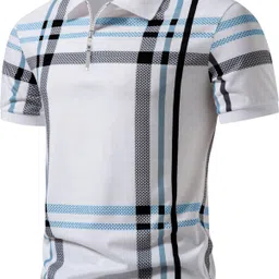 ausk Men Checkered Polo Neck Cotton Blend White, Black, Blue, Multicolor T-Shirt image 4