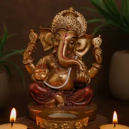 Ashnam Ganesha Figurine with T-Light Holder - Gold & Red, 17.4cm-image-62