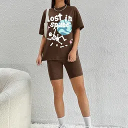 the dry state Women Printed Round Neck Pure Cotton Brown T-Shirt image 5