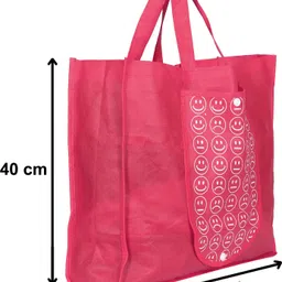 heart home Foldable Reusable Smiley Printed Shopping Bag with One Small Pocket (Set Of 4,Pink) Pack of 4 Grocery Bags image 4