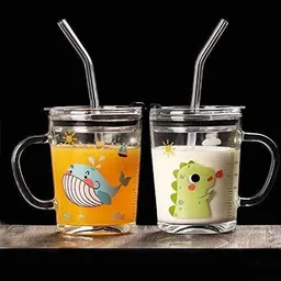 vimici Print Glasss with Lid and Straw with Handle for Kids, for Milk set 2 Glass Coffee Mug-picture-17