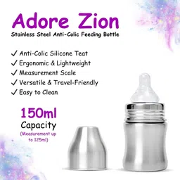 adore Zion Jr Stainless Steel Wide neck Feeding Bottle with Anti-colic Teat - 150 ml image 5