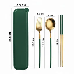9up Elegant Travel Cutlery Set Gold & Green Spoon Fork Chopsticks with Carry Case Stainless Steel Cutlery Set image 2