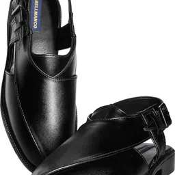 bellmanco Leather Peshawari Sandals for Men| Black Sandals with Adjustable Buckle Strap| Slip On For Men image 2