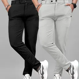 flicfol Pack of 2 Men Regular Fit Black, Grey Polycotton Trousers-picture-12