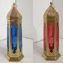 extreme karigari Festive Celebration Hanging cum Standing Mini Moroccon Lantern set of 2 Blue, Red Iron, Glass Hanging Lantern-picture-12