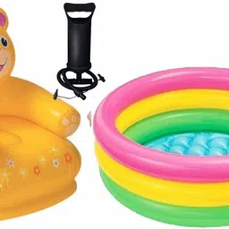 mayank & company Combo Happy Animal Teddy Sofa/ Chair (Yellow) with Inflatable Swimming Pool Bath Tube, Multi Colour (2-Feet) with Air Filling Pump for Kids Outdoor toy Inflatable Pool Accessory-picture-41