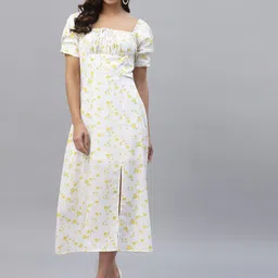 Women A-line Yellow, White Midi/Calf Length Dress-image-3