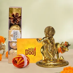 tied ribbons Bhai Dooj Gift for Brother Krishna Idol with Chocolate Pack Assorted Gift Box-picture-13