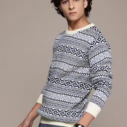 roadster Men Self Design Round Neck Black, White Sweater image 3