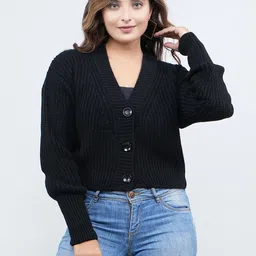 feverfew Women Solid V Neck Black Sweater-picture-12