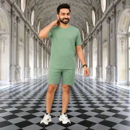 mivyna Men Top & Shorts Set Green Solid-picture-15