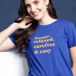 patche Women Printed Round Neck Pure Cotton Blue T-Shirt-picture-15