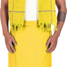 Prakasam Cotton yellow bentex Single Dhoti & matching Towel Solid Men Dhoti-picture-11
