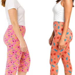 umfashions Combo of Women's Capri pants yellow & pink colour floral printed Women Reversible Yellow, Orange Capri image 3