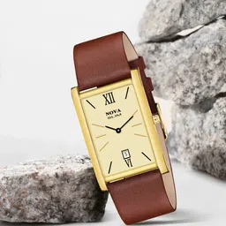 nova Analog Watch - For Men Slim rectangular watch with a gold case and brown leather strap-picture-21