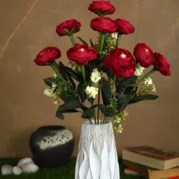 casacraft from pepperfry Red Polyester Fabric Decorative Artificial Camellia Rose Flower Bunch image 1