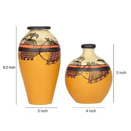 aakriti art creations Madhubani Earthen Dartix (Set Of 2) Yellow Terracotta Floor Vases image 3