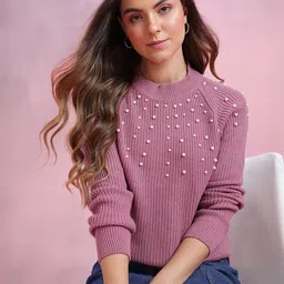 dressberry Women Solid, Self Design Round Neck Pink Sweater-picture-11