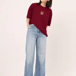 urbanice Women Printed, Graphic Print, Typography Round Neck Cotton Blend Maroon T-Shirt image 3