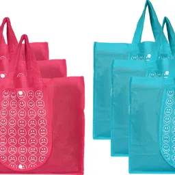 kuber industries Shopping Grocery Bags Foldable, Washable Grocery Tote Bag with One Small Pocket, Eco-Friendly Purse Bag Fits in Pocket Waterproof & Lightweight (Set Of 6,Pink & Blue) Pack of 6 Grocery Bags image 1