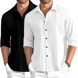 Men Slim Fit Self Design Spread Collar Casual Shirt-image-1