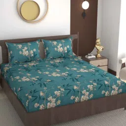 real dream Green Floral Glace Cotton Queen Fitted Bed Sheets with 2 Pillow Covers (240 tc)-picture-34