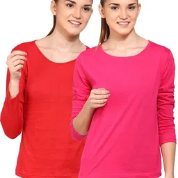 ap'pulse Pack of 2 Women Solid Round Neck Pure Cotton Red, Pink T-Shirt-picture-17